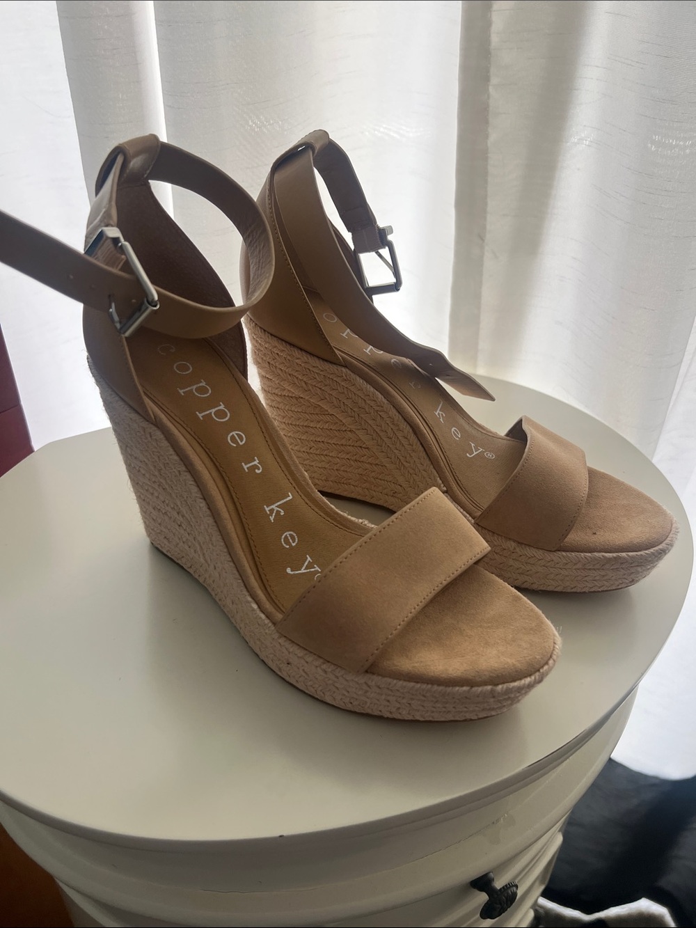 Copper Key Beige/Tan Espadrille Wedge Sandals with Ankle Buckle